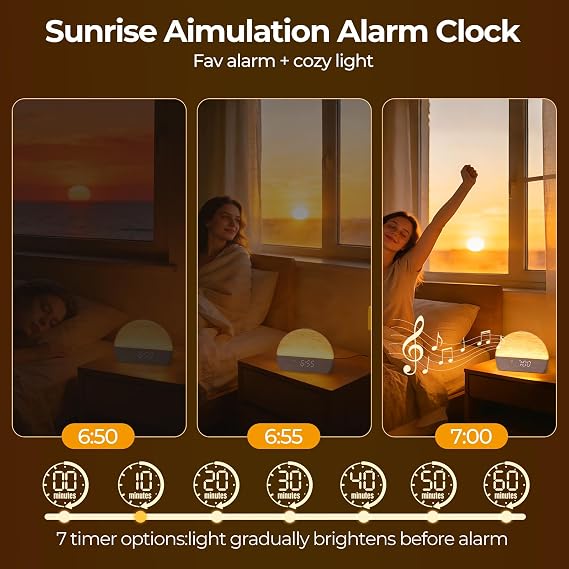 Sunrise Alarm Clock Bedside,Wake Up Light Sunrise Alarm Clock with 11 RGB Lights,Digital Dimmable Alarm Clock for Bedroom,White Noise Machine with 30 Sleep Sounds,Sunlight Alarm Clock,Sleep Aid Gift