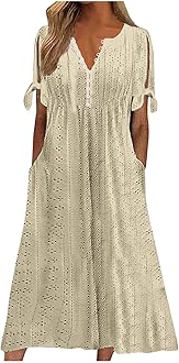 Elegant Summer Dresses for Women 2024 Trendy Tie Short Sleeve Button Down v Neck Eyelet Maxi Long Tshirt Dress