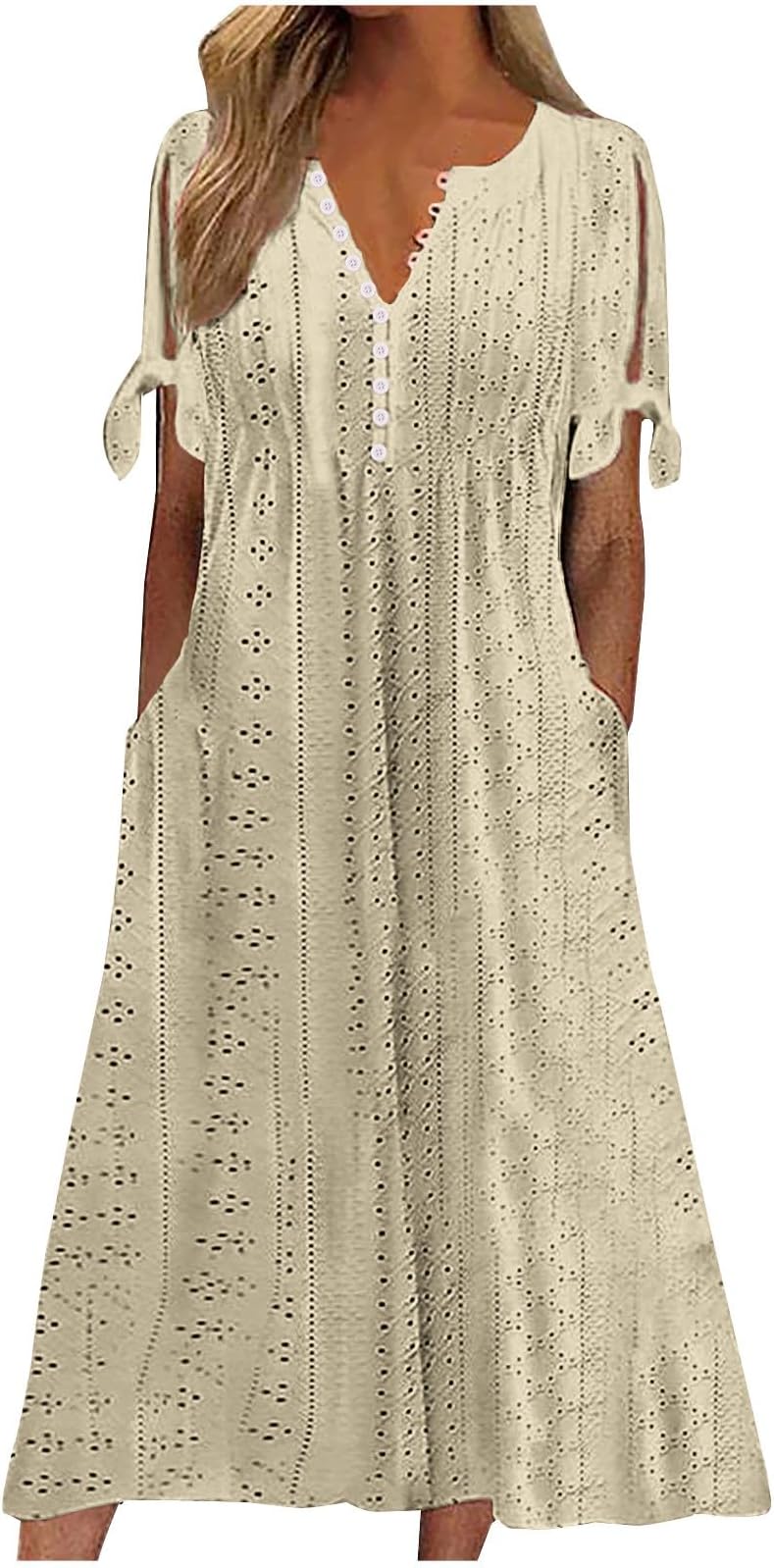Elegant Summer Dresses for Women 2026 Trendy Tie Short Sleeve Button Down v Neck Eyelet Maxi Long Tshirt Dress