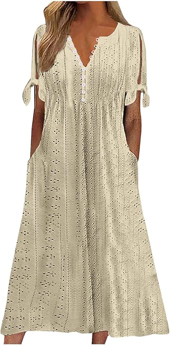 Maxi Long Dresses for Women Loose High Waisted Embroidered Eyelet Tshirt Dress Casual Summer Beach Sundress