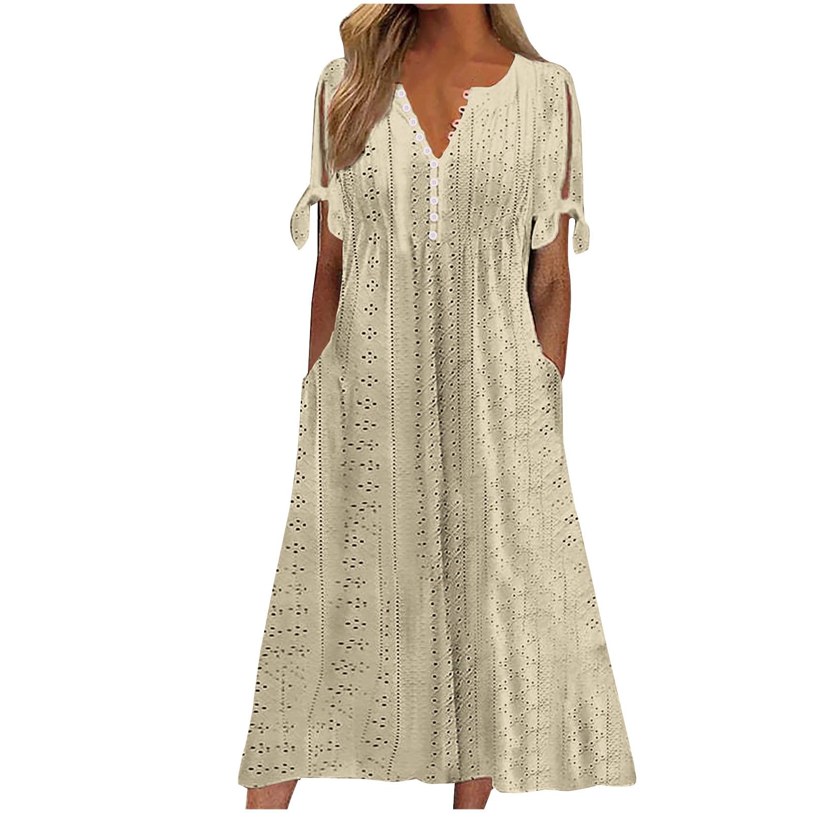 Elegant Summer Dresses for Women 2024 Trendy Tie Short Sleeve Button Down v Neck Eyelet Maxi Long Tshirt Dress