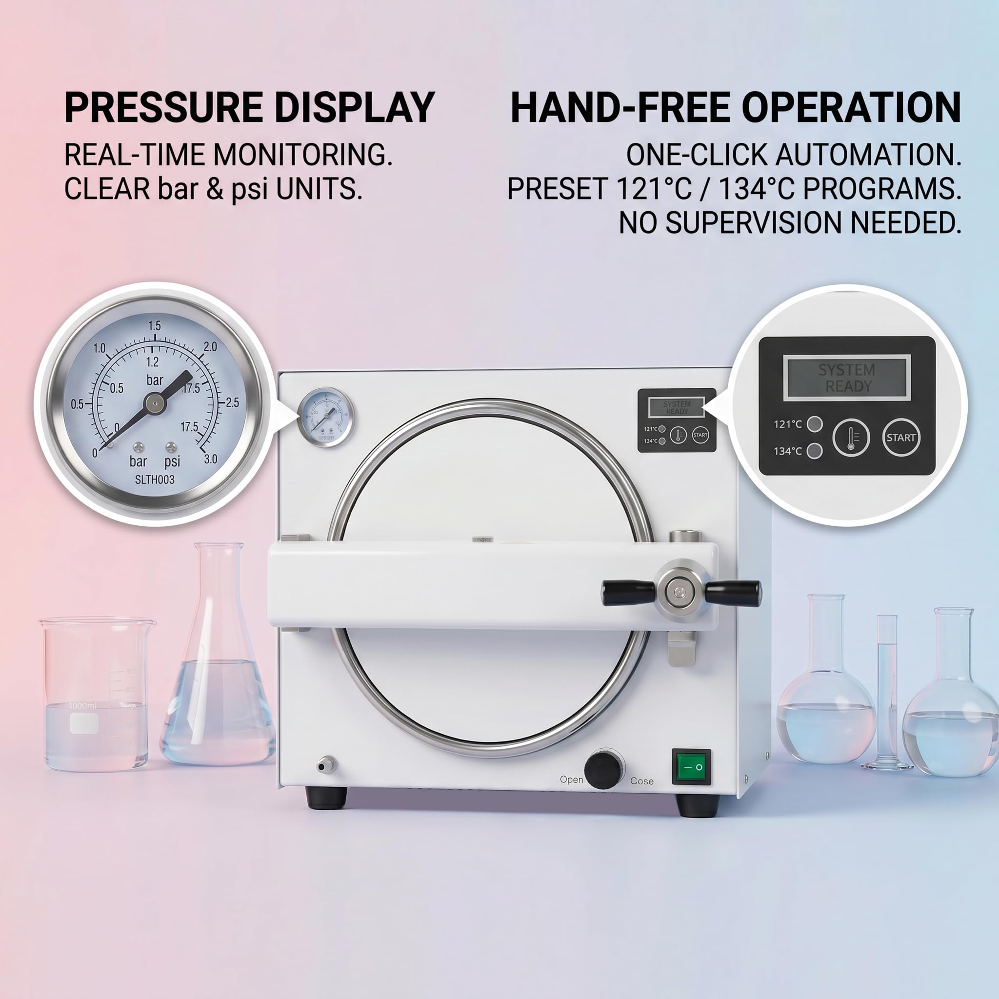 Esterilizador autoclave de mesa de 18 L, equipo de laboratorio de control de vapor de alta temperatura, ideal para oficinas pequeñas y uso clínico, solución de esterilización fiable