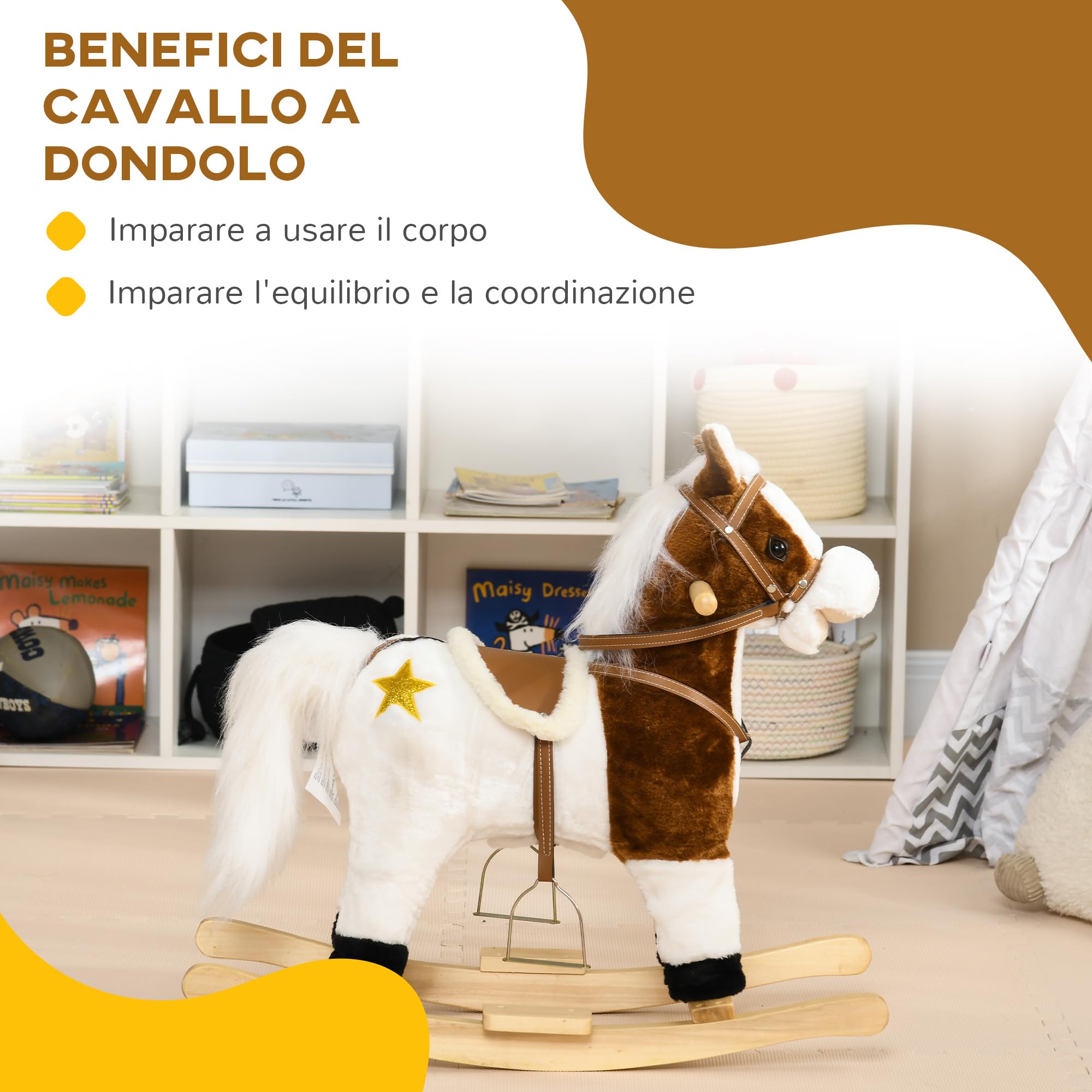 HOMCOM Cavallo a Dondolo per Bambini da 3-6 Anni, Gioco per Bambini Cavalcabile con Suoni in Peluche, 68x26x62cm, Marrone