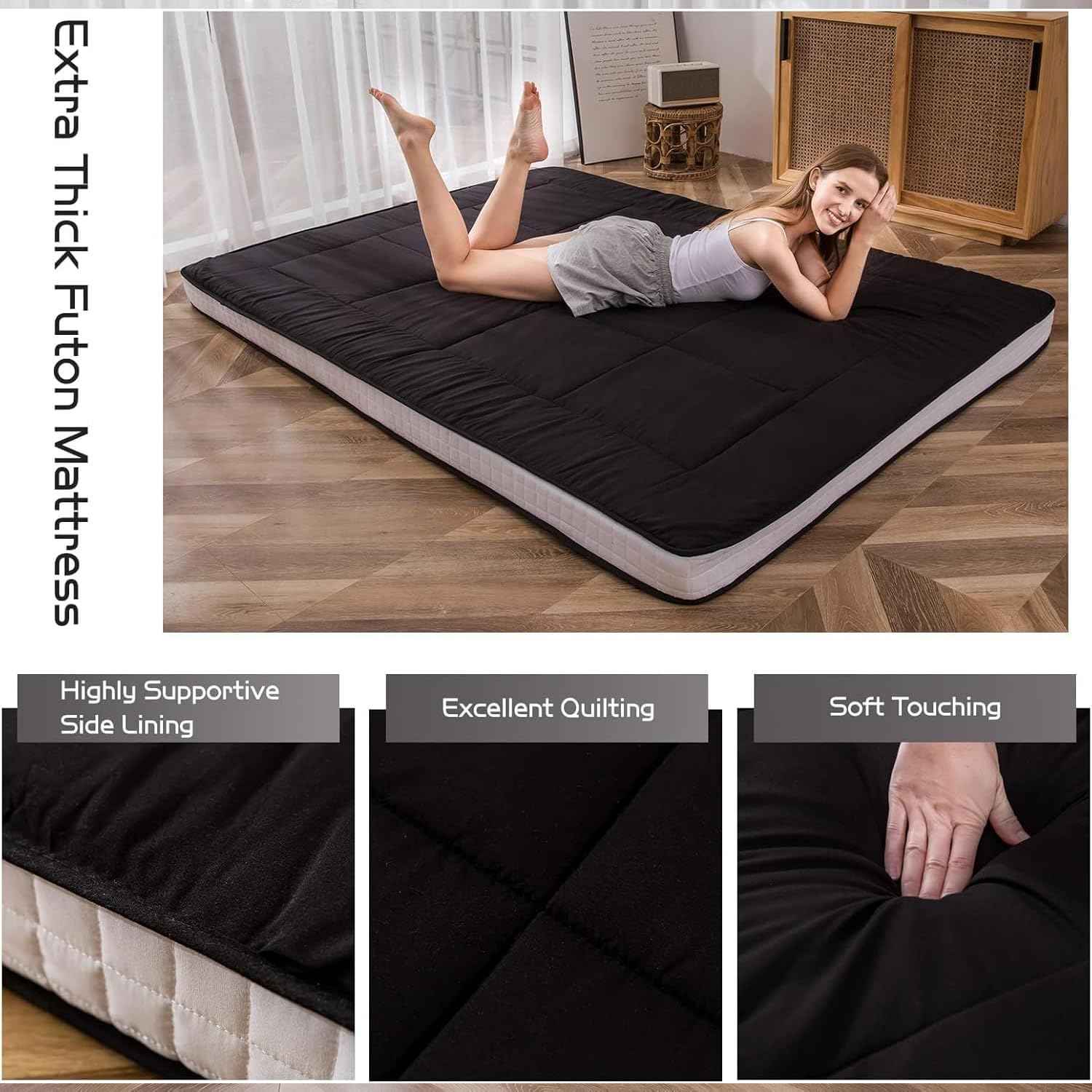 MAXYOYO Futon Mattress, Padded Japanese Floor Mattress Quilted Bed Mattress Topper, Extra Thick Folding Sleeping Pad Breathable Floor Lounger Guest Bed for Camping Couch, Black, Full Size
