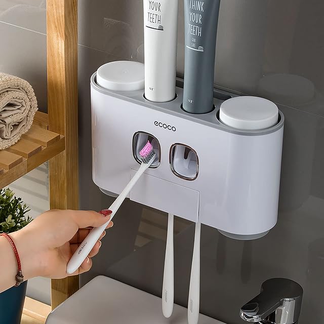Toothbrush Holder Wall Mounted with 2 Automatic Toothpaste Dispenser- Bathroom Organizer Accessories Sets with 4 Cups, 5 Brush Slots and Dustproof Cover