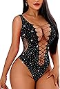Avidlove Rhinestone Bodysuit Tops Sparkle Fishnet Lingerie Sexy Outfit for Women Mesh Body Suit Teddy Lingeries