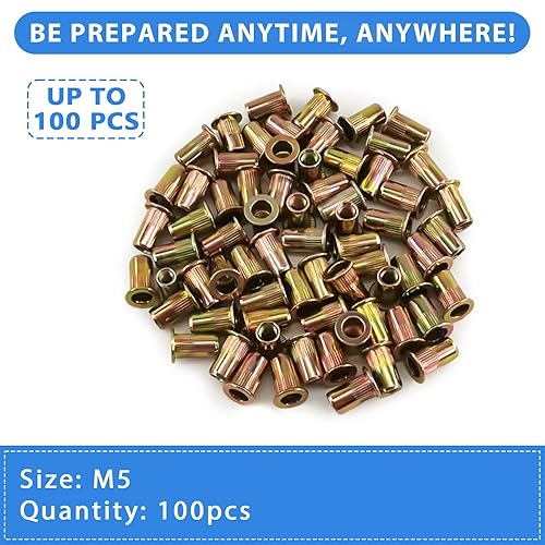 Miniatura 2 de AKKTOL Tuerca de remache, 100 tuercas remachadas M5, cabeza plana, acero al carbono chapado en zinc, inserto roscado con cuerpo moleteado