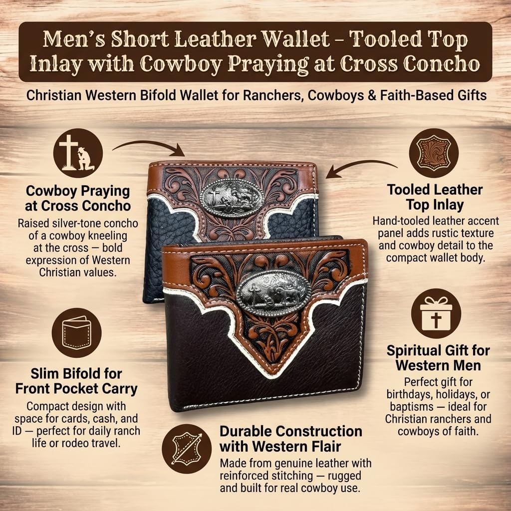 Men’s Short Leather Wallet – Tooled Top Inlay with Cowboy Praying at Cross Concho – Christian Western Bifold Wallet for Ranchers, Cowboys & Faith-Based Gifts