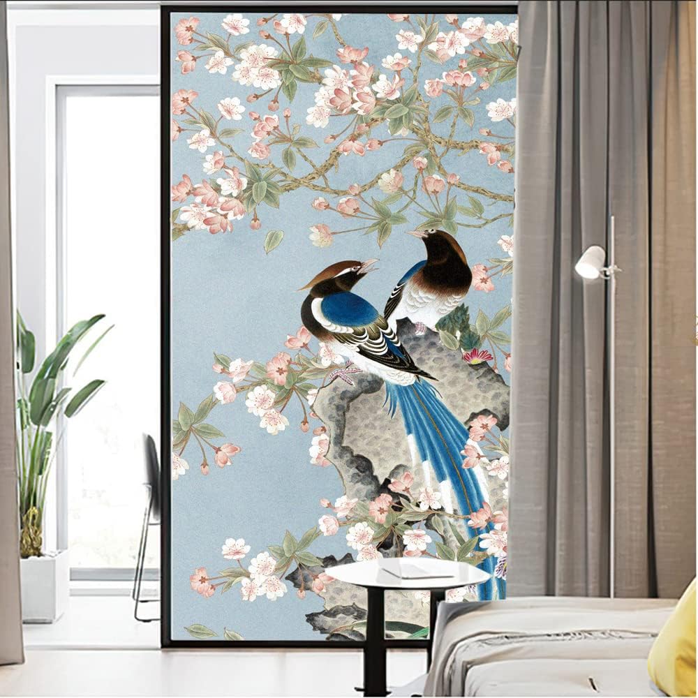 Peacock Flowers and Birds Decorative Window Privacy Film Static Cling Window Treatments Window Coverings Glass Sticker Decorative Film for Siding Glass Door19.7"x55.1"(50x140cm)