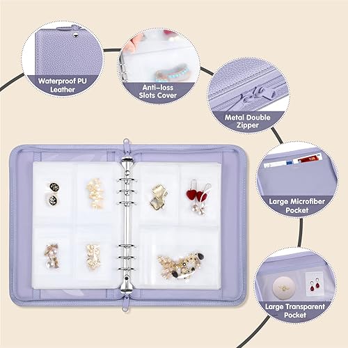Miniatura 3 de SKYREH Estuche organizador de viaje para joyas libro portátil de almacenamiento de joyas de piel sintética con bolsillos transparentes bolsa con