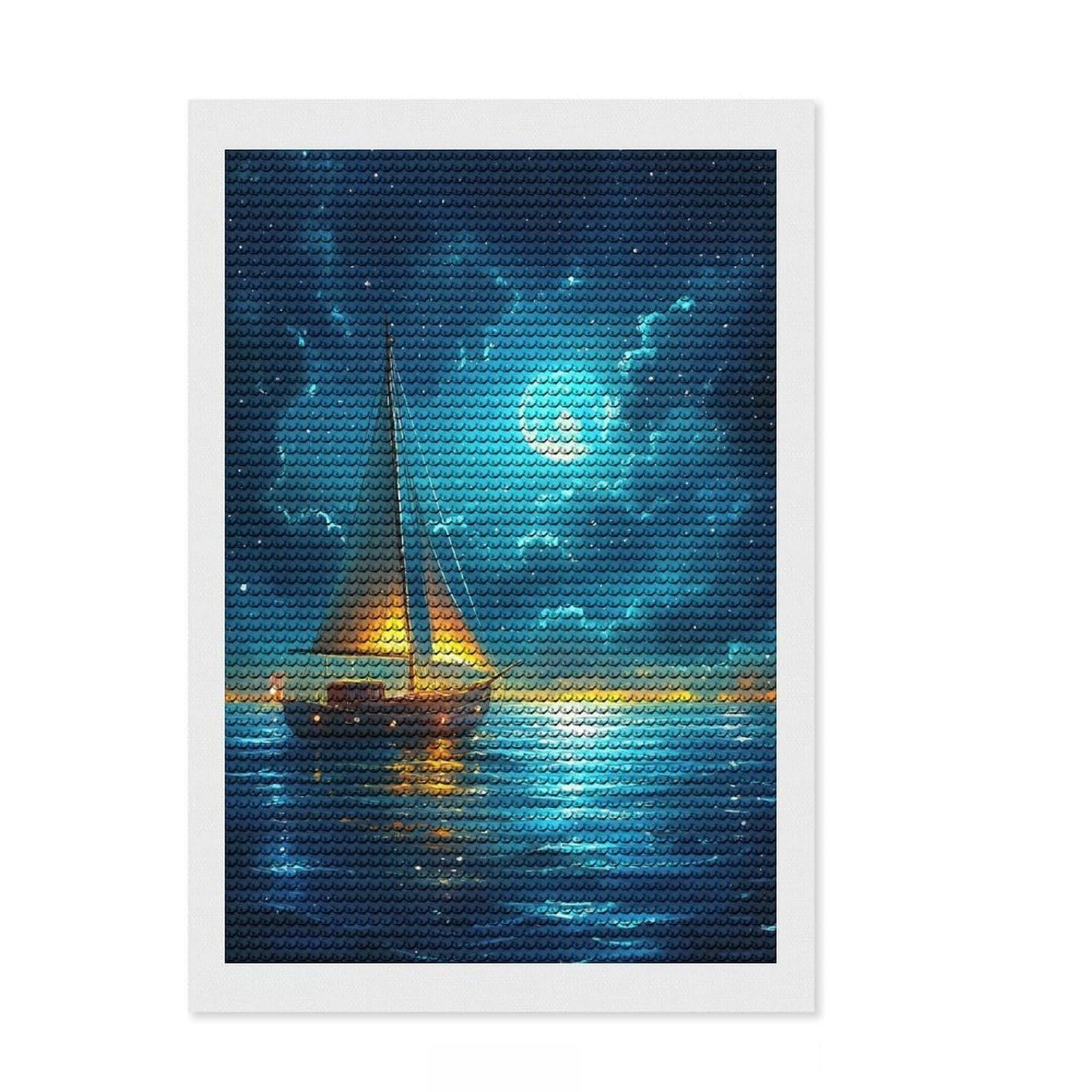 Junmoney Sailboat Under Moonlight Diamond Art Kit 8"x12", Calming Craft to Unwind, with Tool Kit, Living Room Decor, Festive Craft Gift