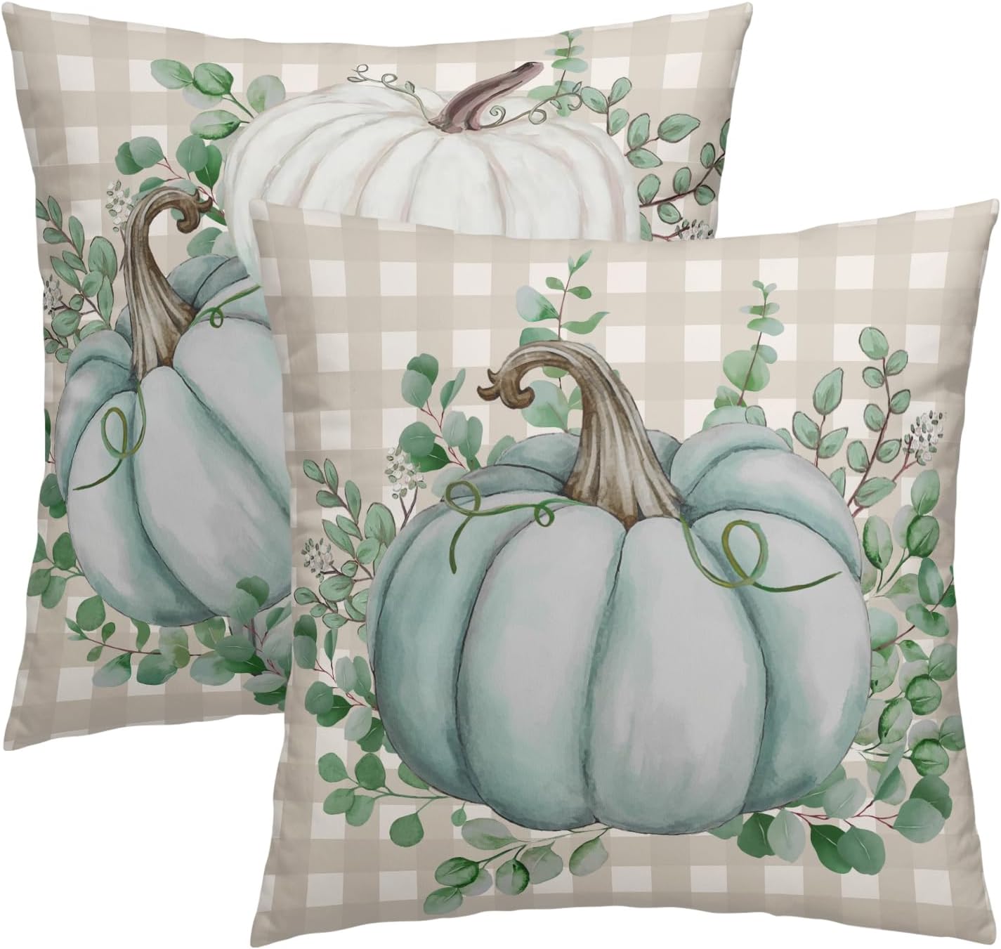 Kawani Fall Blue Pumpkin Buffalo Plaid Pillow Covers 18x18 Inch Set of 2 Autumn Thanksgiving Throw Decorative Pillows Outdoor Farmhouse Cases For Home Couch Bed Sofa Chair Decor (BZ)