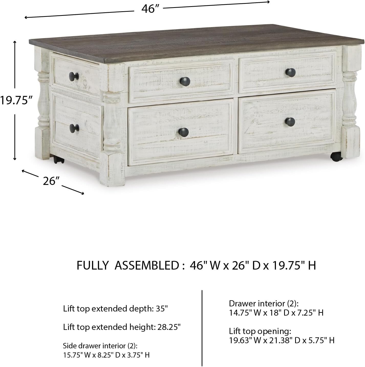 Signature Design by Ashley Havalance Lift-Top Coffee Table with Storage | Pine wood, Pine veneer and engineered wood, Two-tone distressed finish, 4 storage drawers, Casters, White and gray