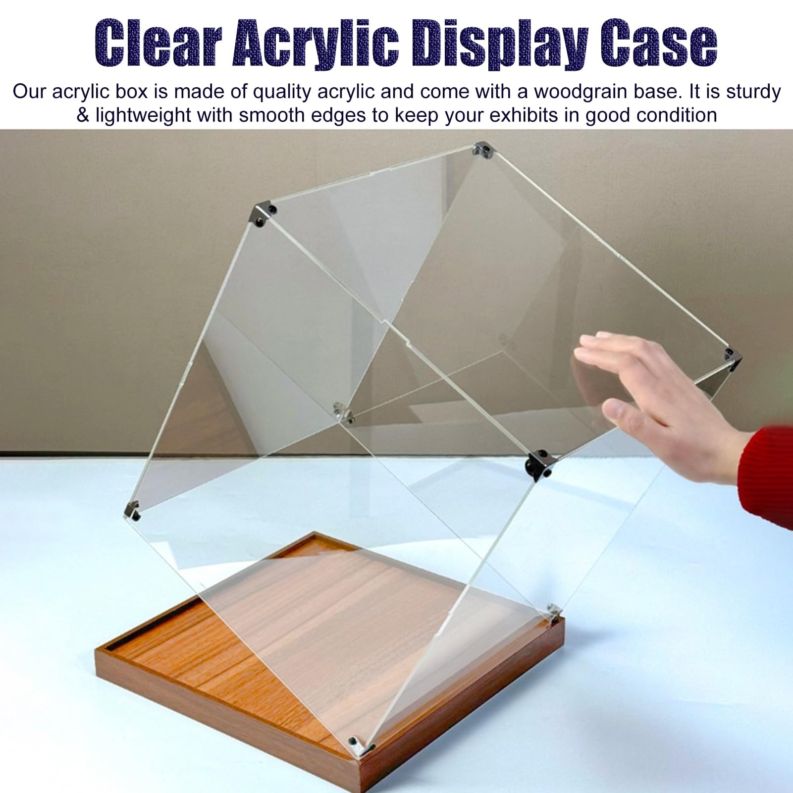 Urna Metacrilato Vitrina de Acrílico con Base de Acabado Tipo Madera, Amplio Espacio de Almacenamiento con Compartimentos Abiertos y sin Puerta; Independiente(L25xW25xH15cm/10x10x6")