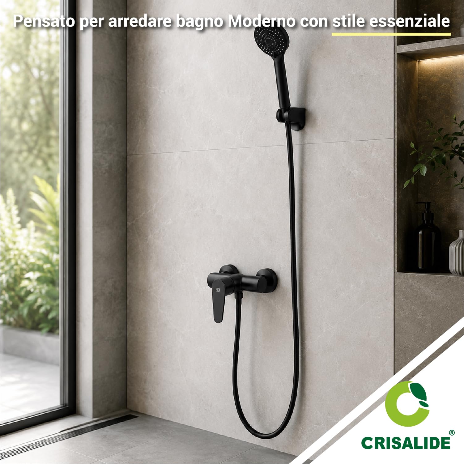 Crisalide® - Miscelatore Doccia Esterno Monocomando in Ottone Massiccio, Rubinetto Nero Opaco con Doccetta, Flessibile e Supporto a Parete