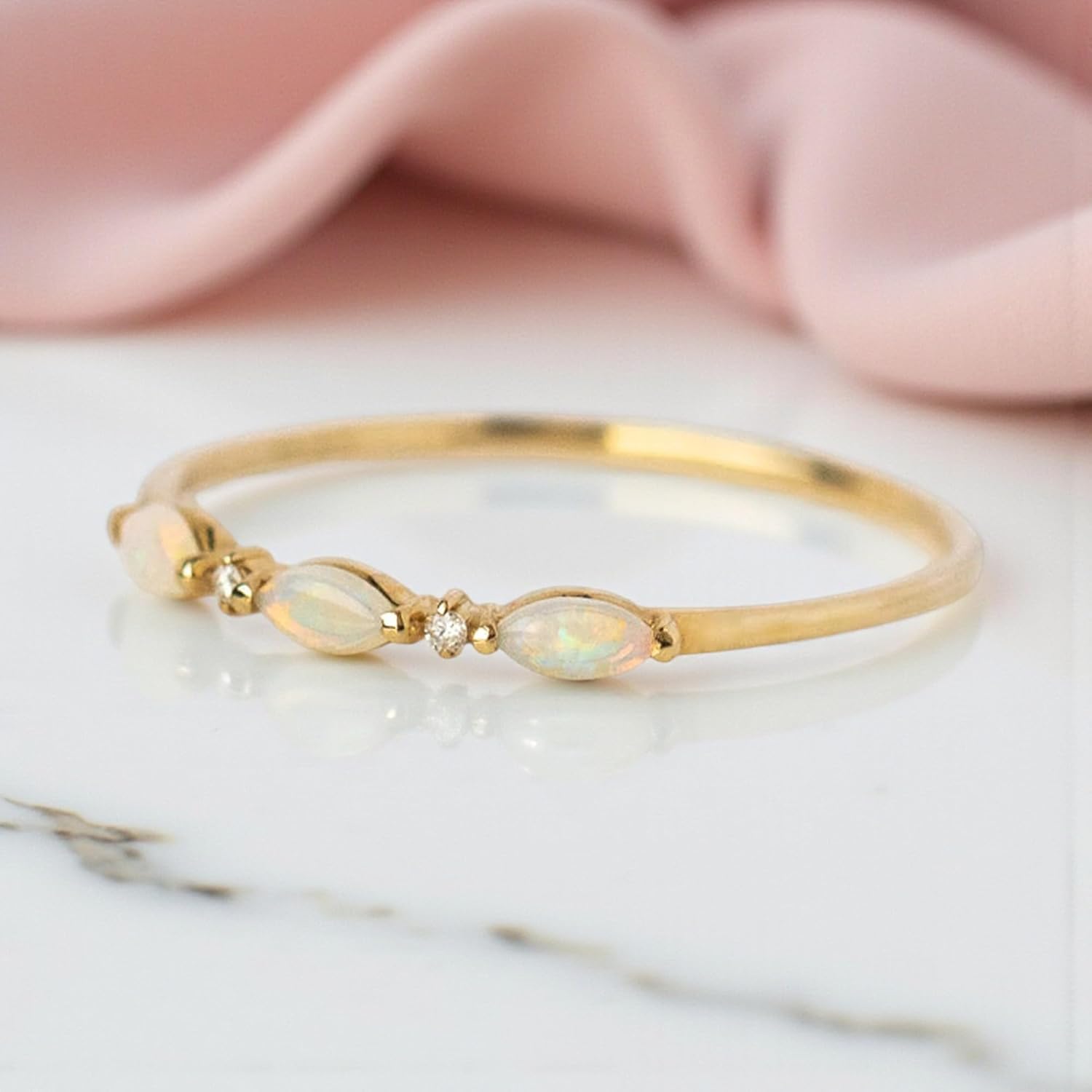 Opal Marquise & Round CZ Dainty Gold Plated Ring for Women – Delicate Stackable Band, Minimalist October Birthstone Anniversary Jewelry, Elegant Promise Gift