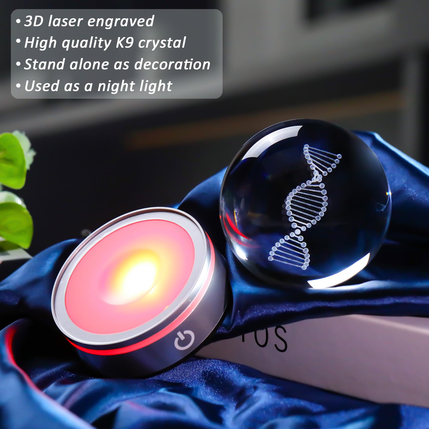 Sfera di cristallo DNA con base a LED, decorazione scientifica unica con incisione laser 3D, regalo per insegnanti di biologia, studenti di medicina e amanti della scienza, luce notturna