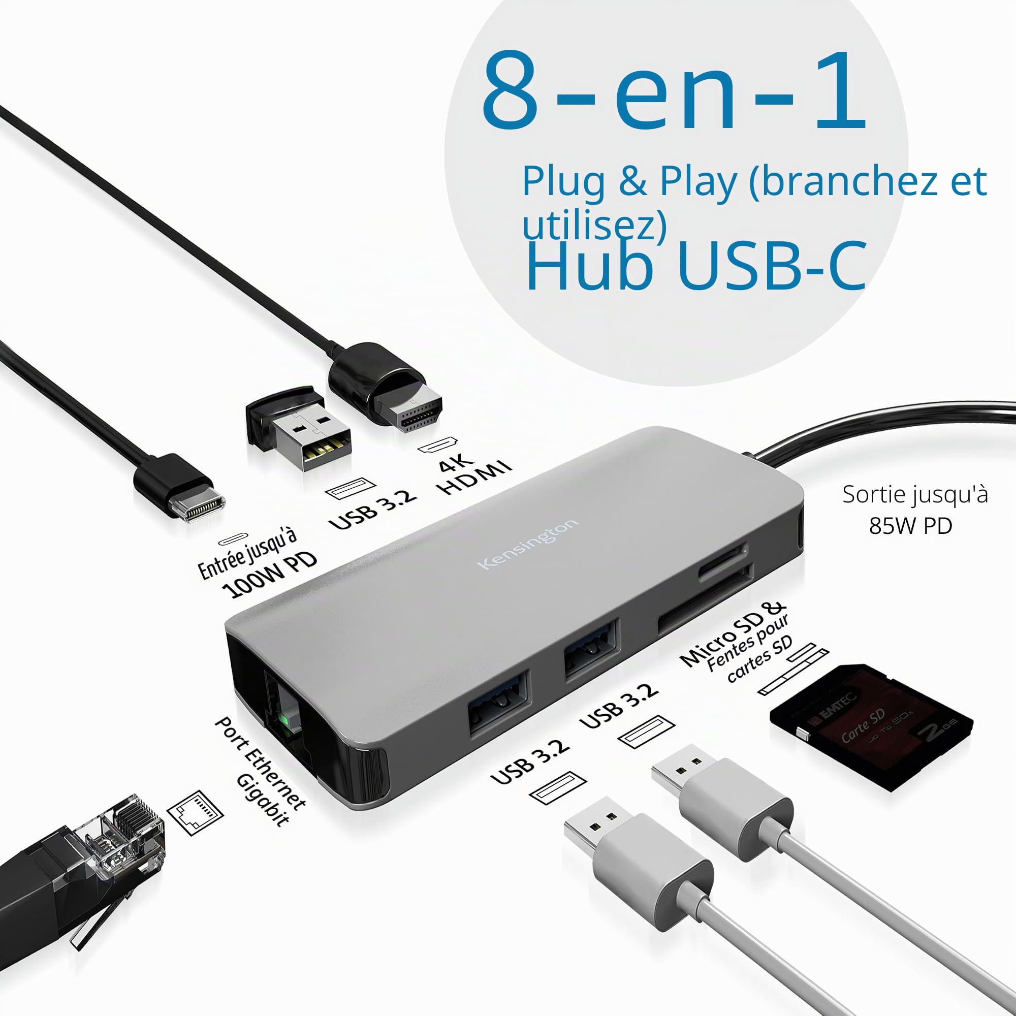 KENSINGTON UH1400P - Station d'Accueil Mobile USB-C Universelle 8-en-1 Sans Pilote, 8 Ports, Transfert d'Alimentation 85W, Ultra HD (4K à 69Hz pour 1 Moniteur), Haute Résolution, Plug&Play (K33820WW)