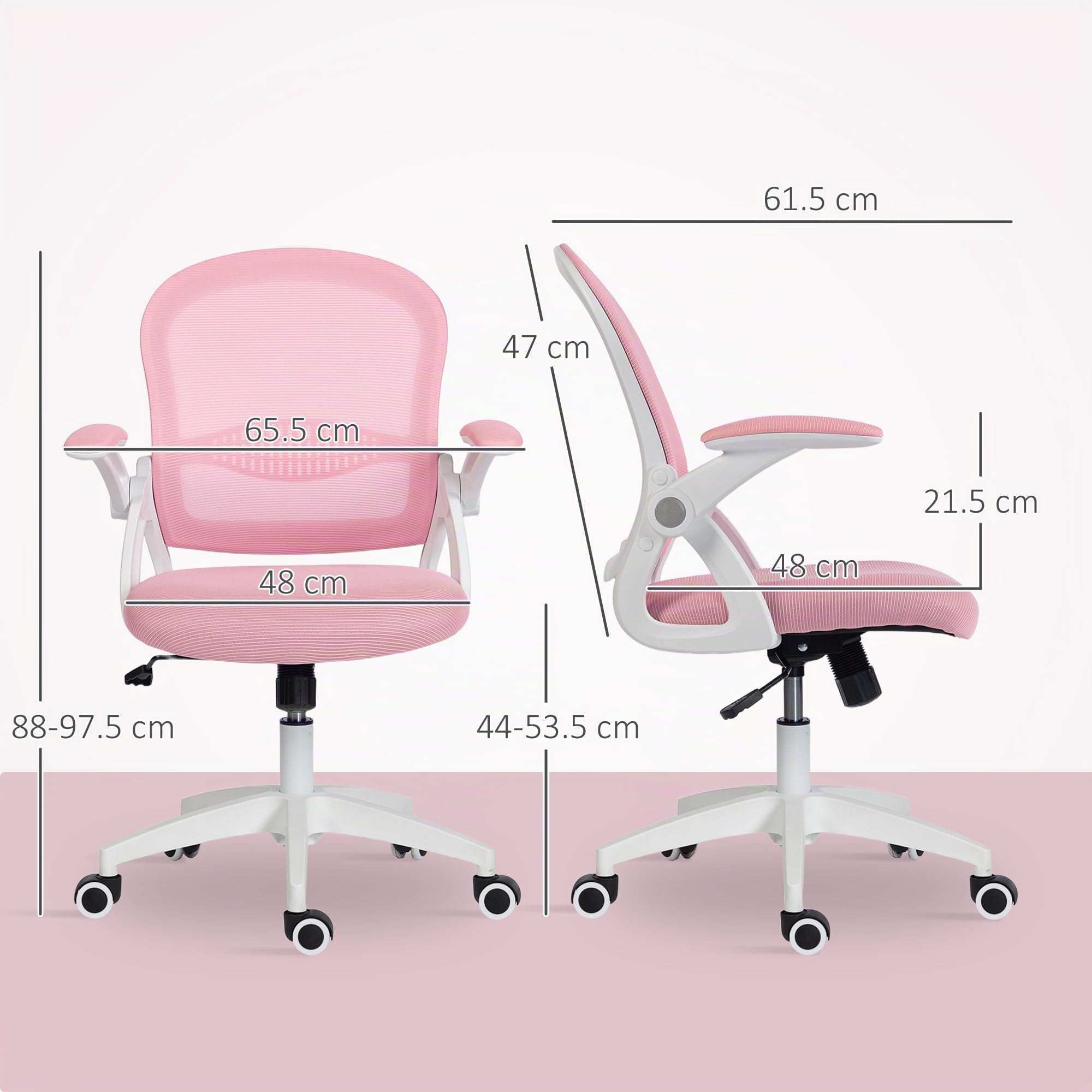 Vinsetto Sedia Ufficio con Funzione Dondolo, Braccioli Regolabili, Rosa | Altezza Regolabile, Sedia Scrivania con Schienale a Rete, Ruote, Seduta Imbottita, 65.5x61.5x88-97.5 cm