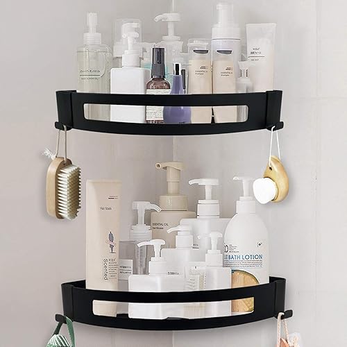 Miniatura 6 de NearMoon Paquete de 2 organizadores de ducha de acero inoxidable 304 sin taladro, con 2 ganchos (estante esquinero, negro mate)