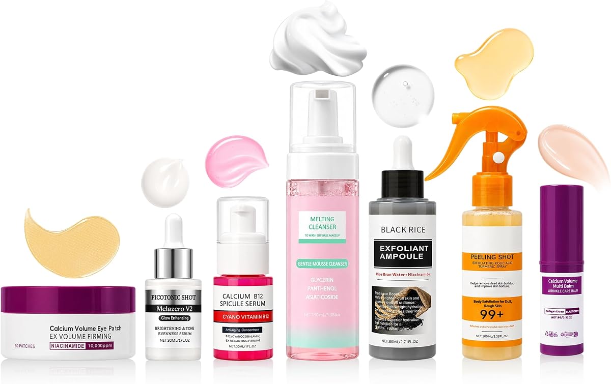 Skincare Routine Set - Facial Care Kit with Cleanser, Serums, Balm & Eye Patches - Hydrating & Daily Skin Care