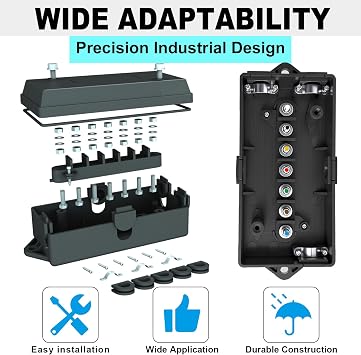 Waterproof 7 Way Trailer Junction Box 7 Gang Labeled terminals for RV | Clearly labeled terminals organize trailer wiring connections. protect electrical connections from moisture, dirt and debris.