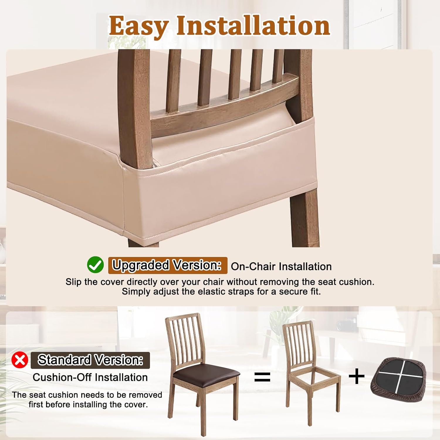 Dioxide Chair Covers Waterproof Pu Leather Seat Covers for Dining Room Chairs Set of 6,Soft Chairs Seat Slipcovers with Anti-Slip Elastic Band Protector Cover Stretch Kitchen Seat Covers(Light Camel)