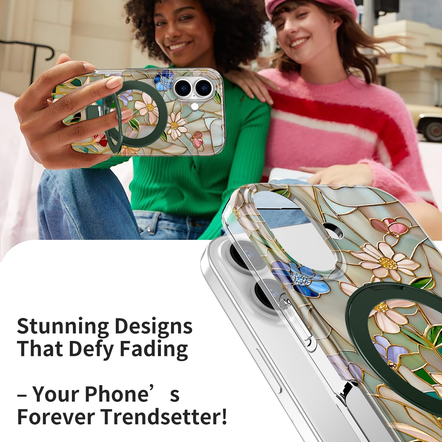 DEENAKIN for iPhone 16 Plus Case - Wireless Charging Compatible - Integrated Multi-Functional Kickstand - Protective Phone Case with Trendy Cute Designs for Women - Vibrant Colorful Flower - Image 6