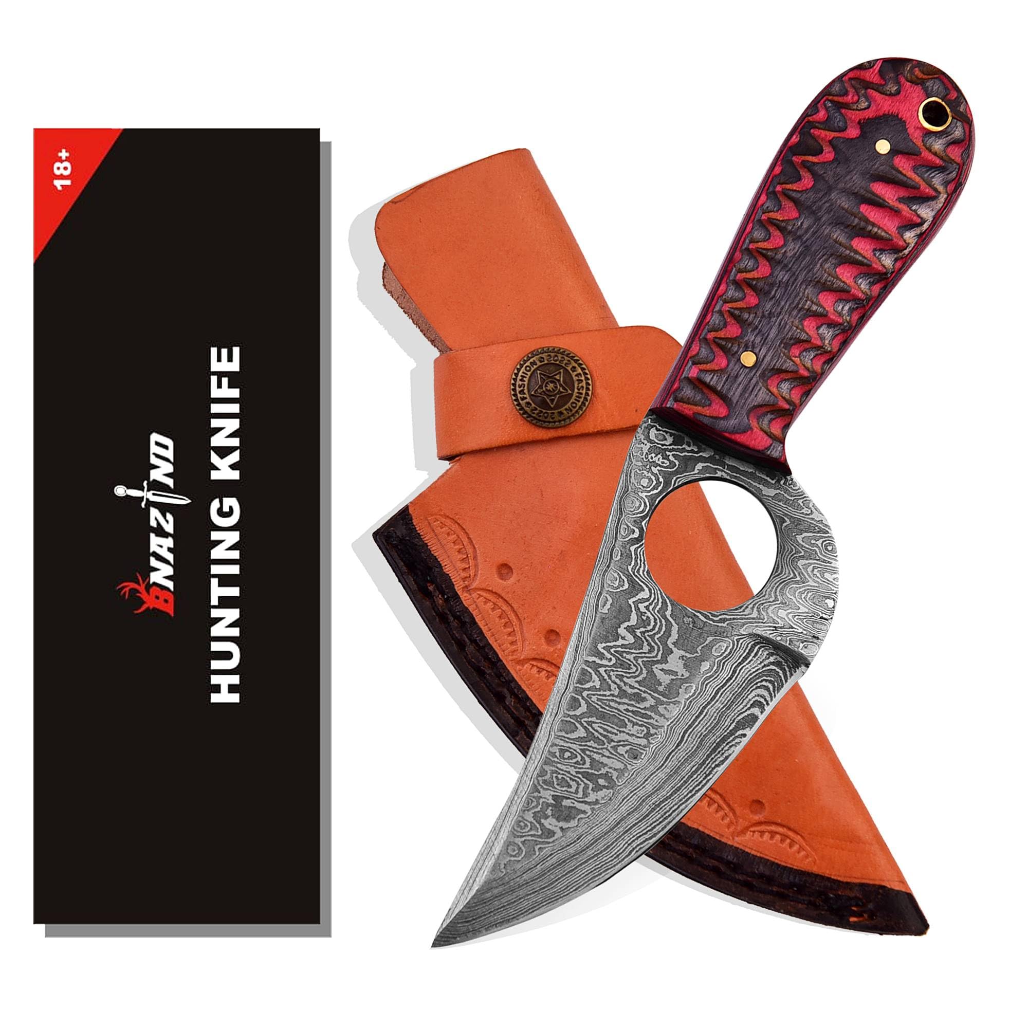 BNAZIND Handmade Damascus Hunting Knife with Sheath | Damascus Knives Damascus Steel Knife for Skinning, Camping, Outdoor | EDC 7.5 Inch Fixed Blade Bushcraft Knives for Men