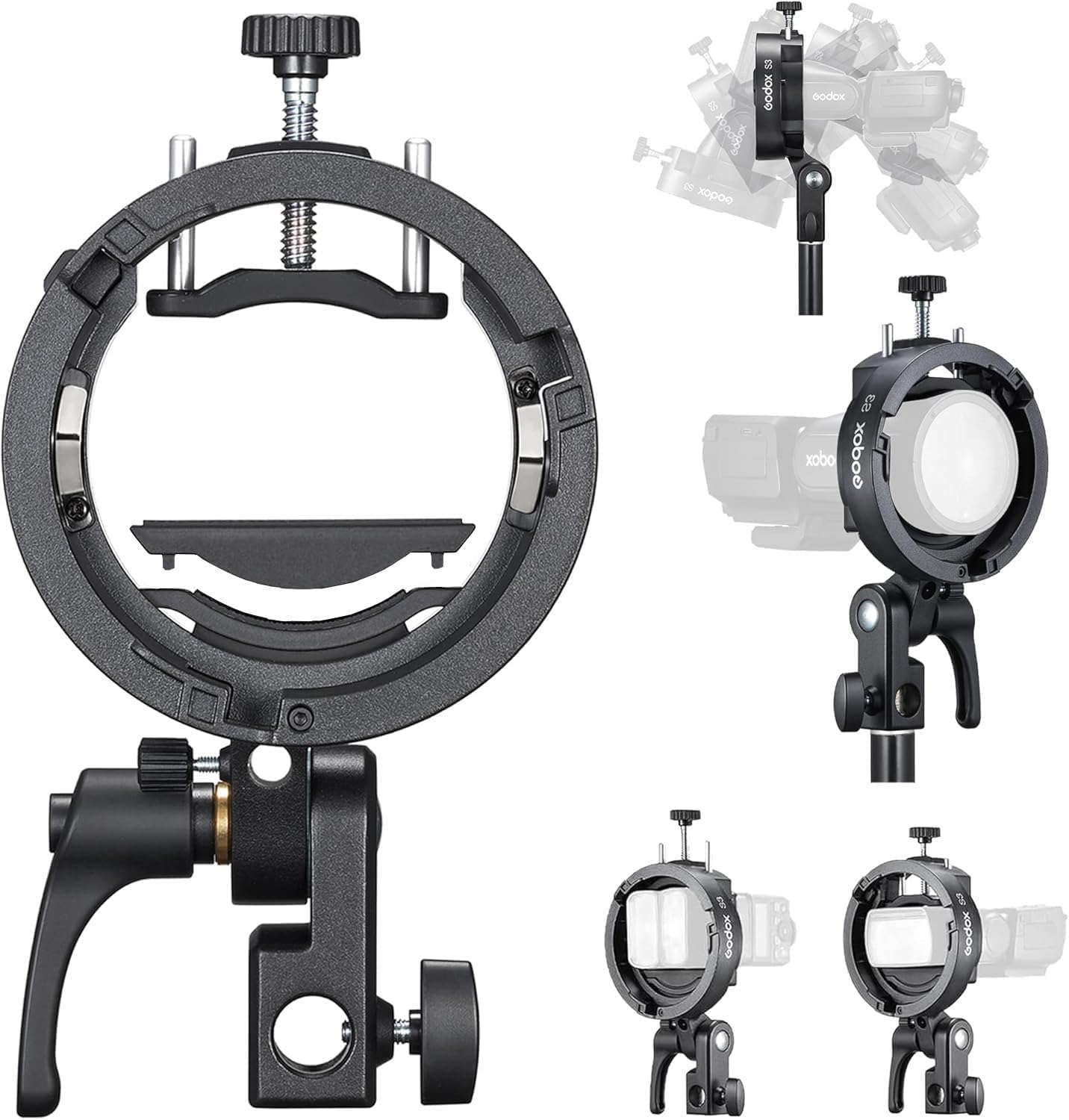 Godox S3 Speedlite Bracket (S2 Upgrade) for Bowens Mount Holder Softbox | Compact Lightweight Flash Bracket for Godox V1 V1Pro V100 AD100ProII AD200 Pro II AD300Pro TT685III, Umbrella Hole & Softbox