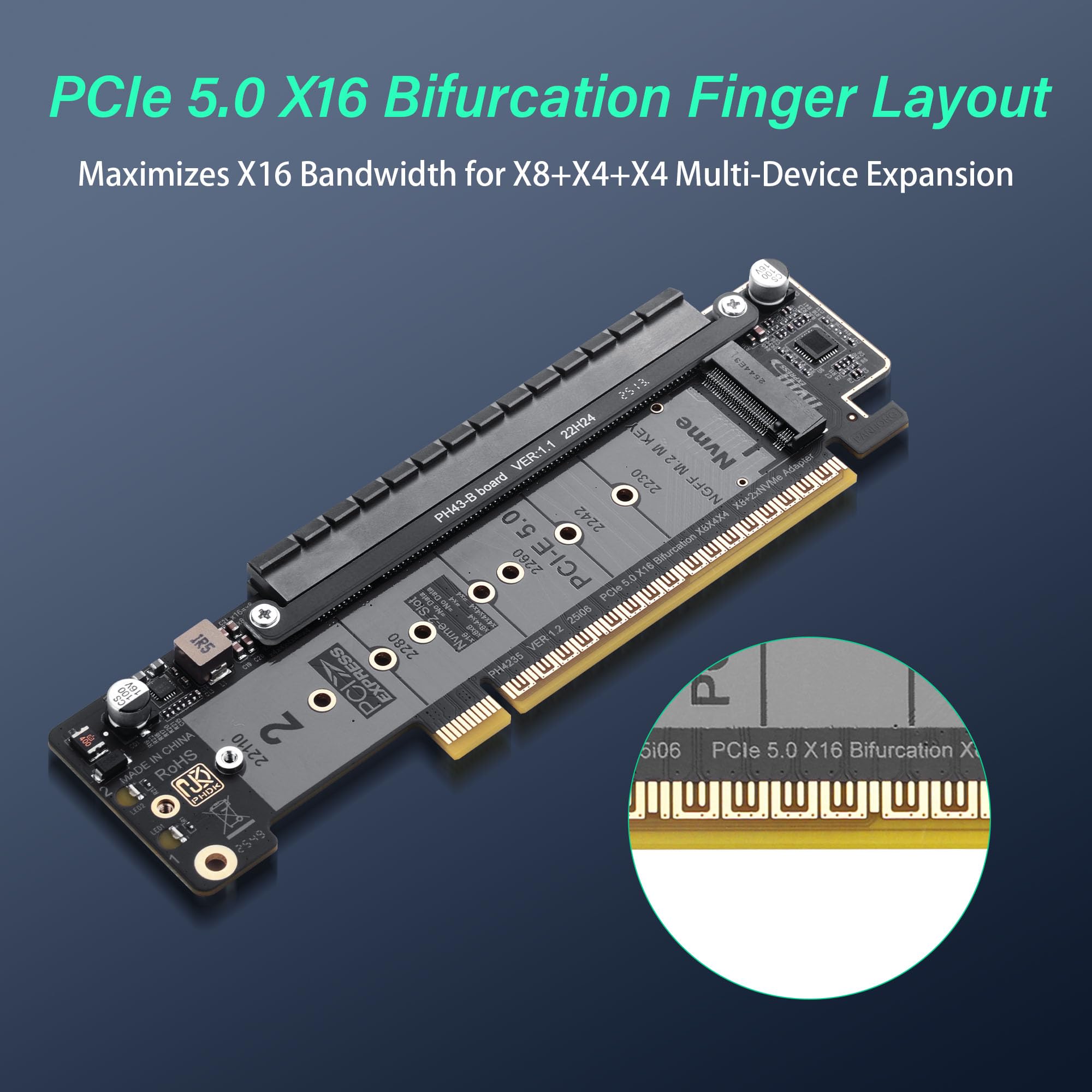 SinLoon PCIe 5.0 X16 karta rozszerzająca, karta PCIe Bifurcation Riser, dzieli slot X16 na X8+X4+X4, obsługuje NVMe M.2 SSD i Low-Profile GPU, kompatybilna z dyskami 22110/2280, z diodami LED do C