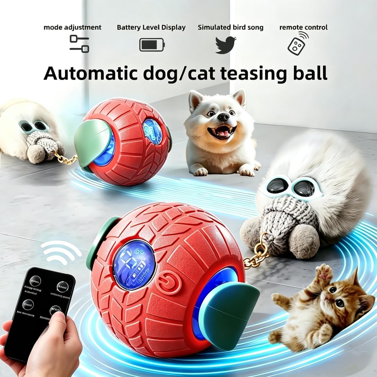Bundle of 2 Nicboyore Interactive Pet Toy Balls, Automatic Rolling Electric Cat & Dog Toy Ball with Remote Control, Bird Sound & LED Light, LCD Screen Display, USB Rechargeable, Self Play Chase Toy fo image 2