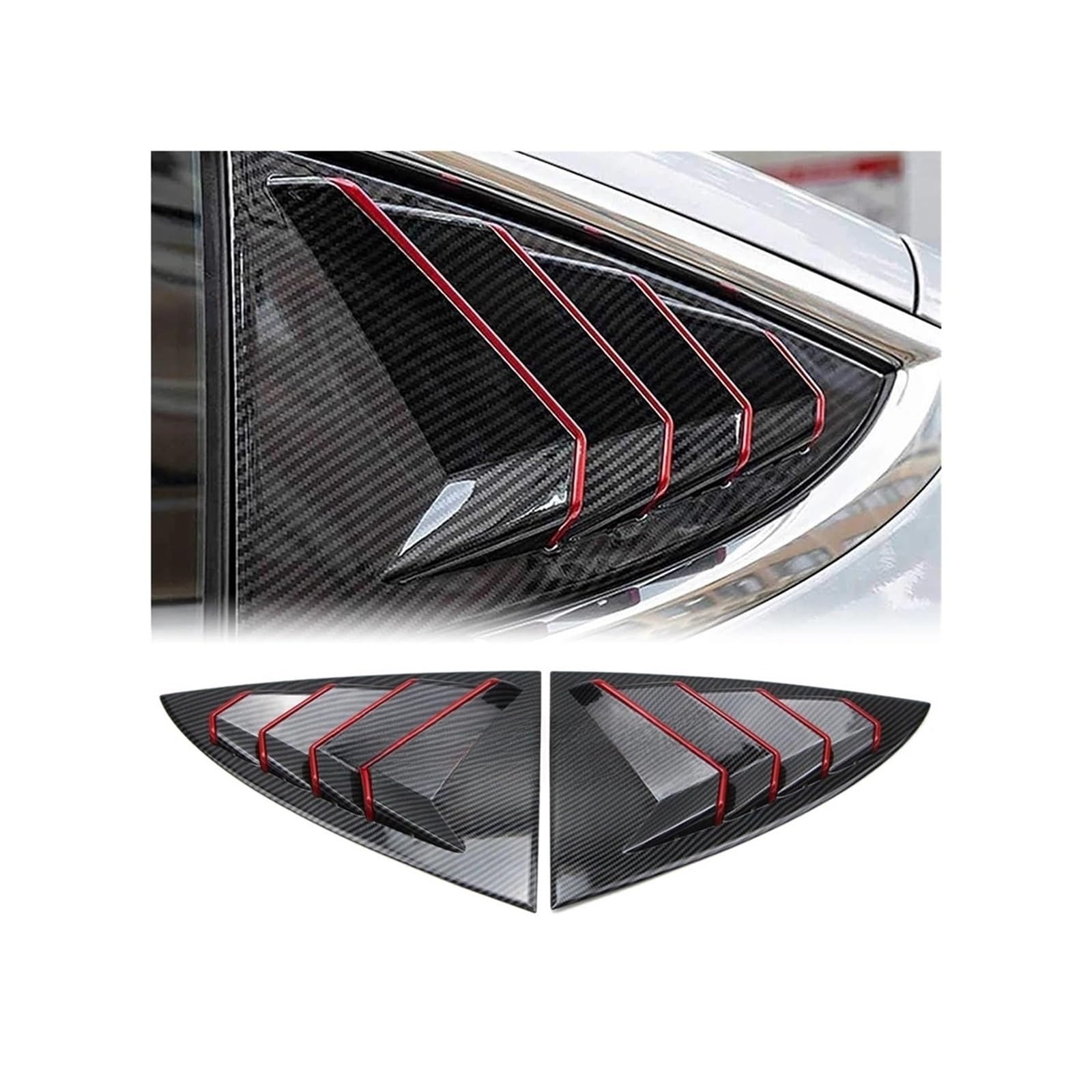 Pair Rear Window Louver Cover Shutter Kits Compatible for Tesla Model 3 2017+ Exterior Carbon Fiber Style Red Trim Air Vent Side Auto ABS