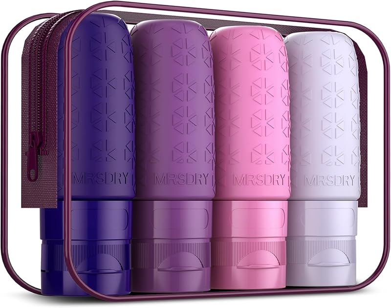 Mrsdry Frascos de Silicone Recarregáveis para Viagem, 60 mL, Roxos, com Bolsa, Pacote com 4