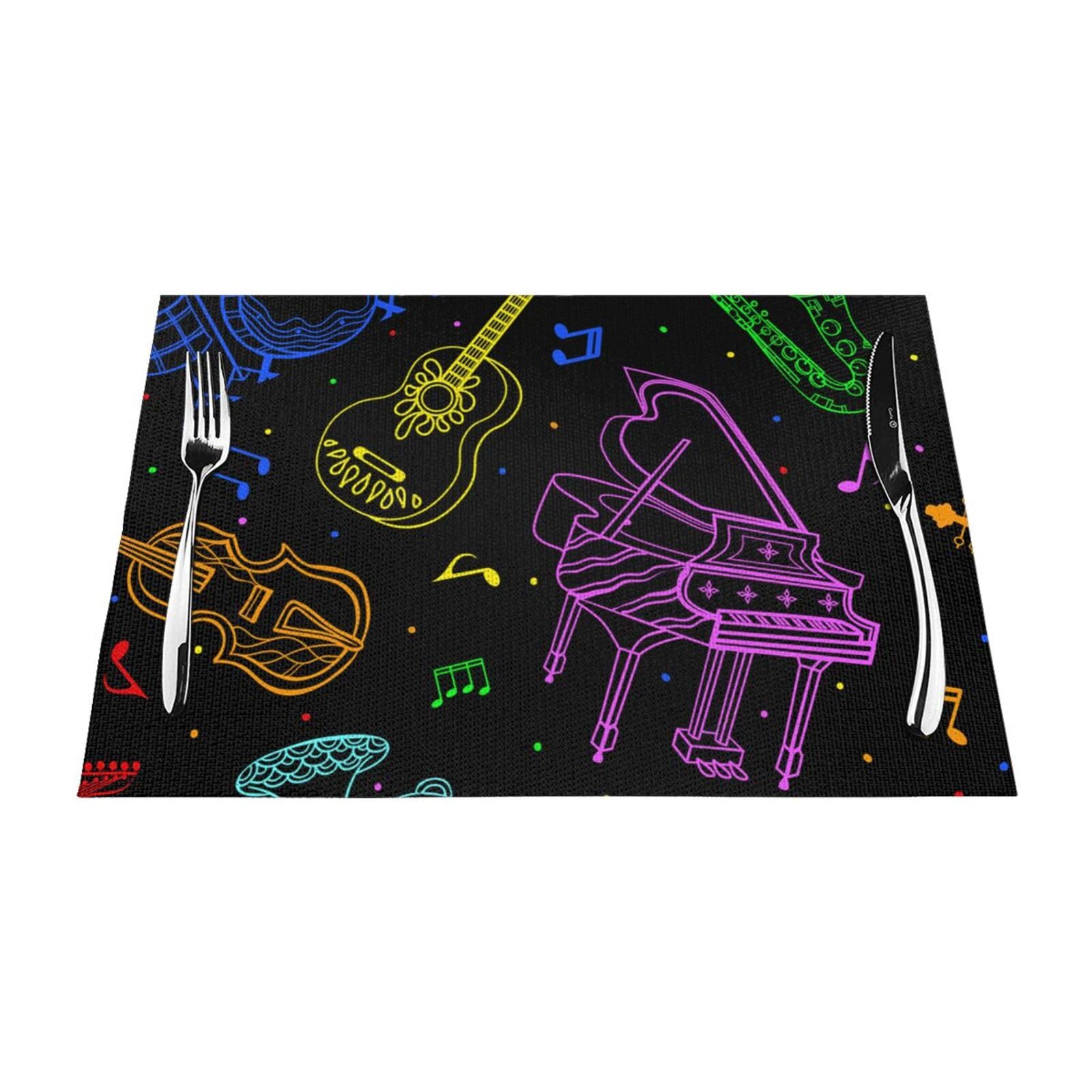 Instruments de musique aux couleurs néon lot de 6 sets de table lavables en PVC 30x45cm