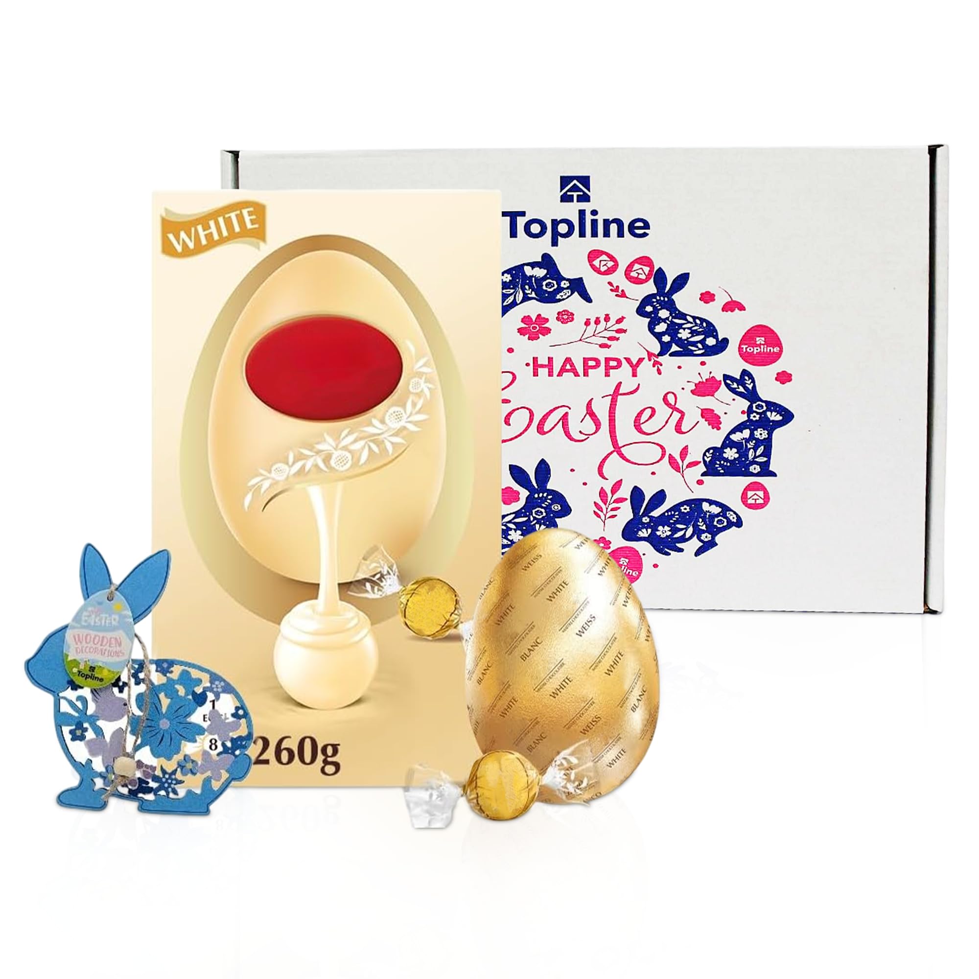 Easter Egg Hamper Gift - Luxury White Chocolate Egg with White Chocolate Truffles 260g and Wooden Topline Decoration. Easter Gifts for Women