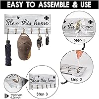 Vista 4 de Soporte de pared para llaves con palabras "Bless This Home", colgador de llaves de madera rústica con 6 ganchos para decoración de casa de campo