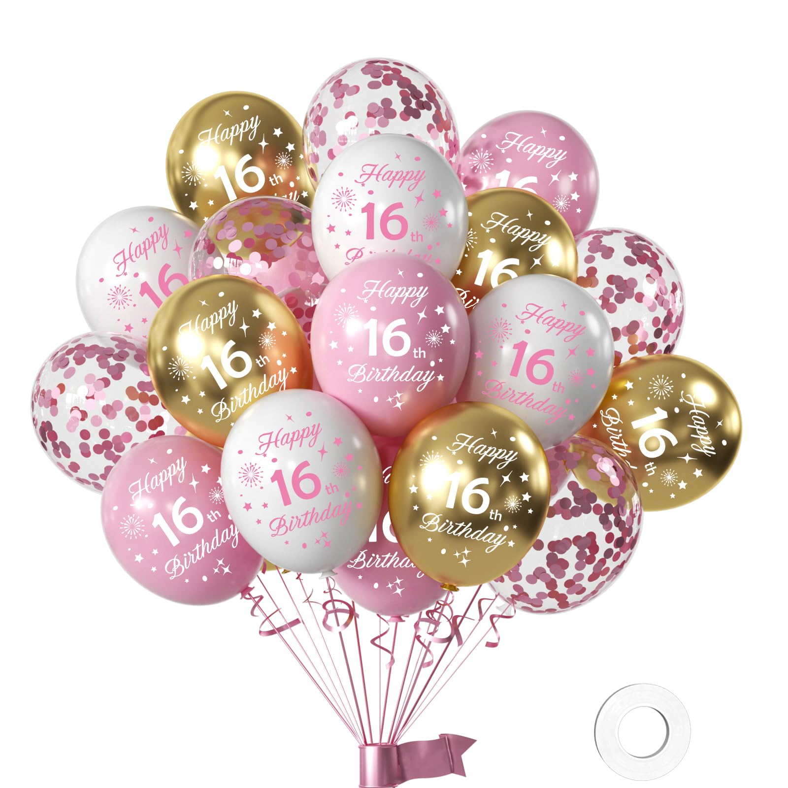 Birthday Balloons, Happy 16th Birthday Balloons, 16pcs White Gold and Pink Balloons, 16th Birthday Party Decorations Gift Ideas for Teenager โ image 1