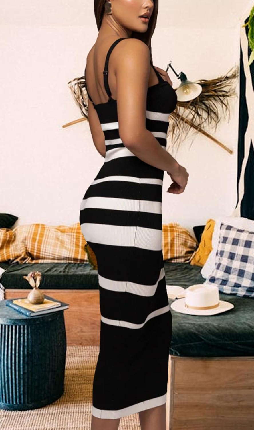 Women's Casual Spring Summer Striped Midi Dress Ribbed Knit Sleeveless Bodycon Sweater Dresses - Image 6