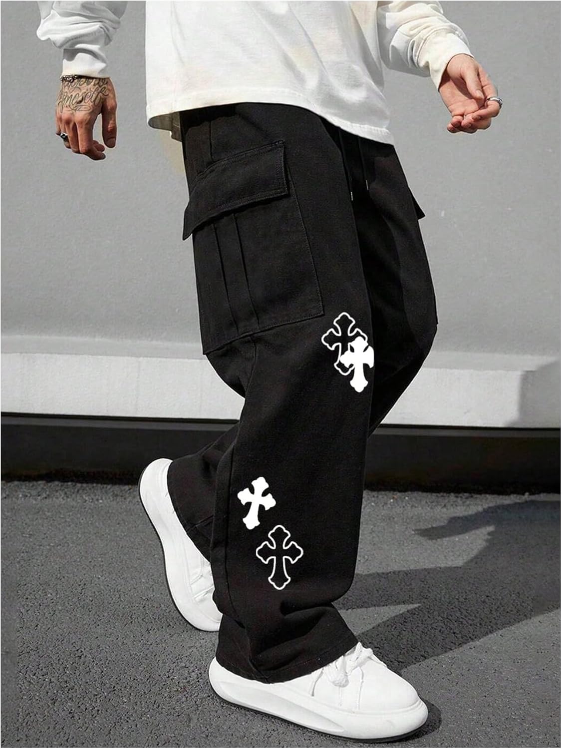 BEAUDRM Men's Cross Graphic Baggy Cargo Pants Drawstring Waist Wide Leg Sweatpants Streetwear - Image 3