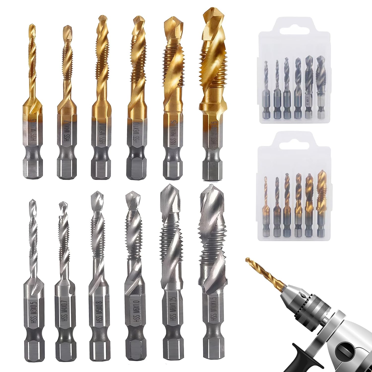 Two-piece tap set with M3, M4, M5, M6, M8, M10 tap, metal drill set, drill bit with hex shank, precise drilling for metal, plastic, wood