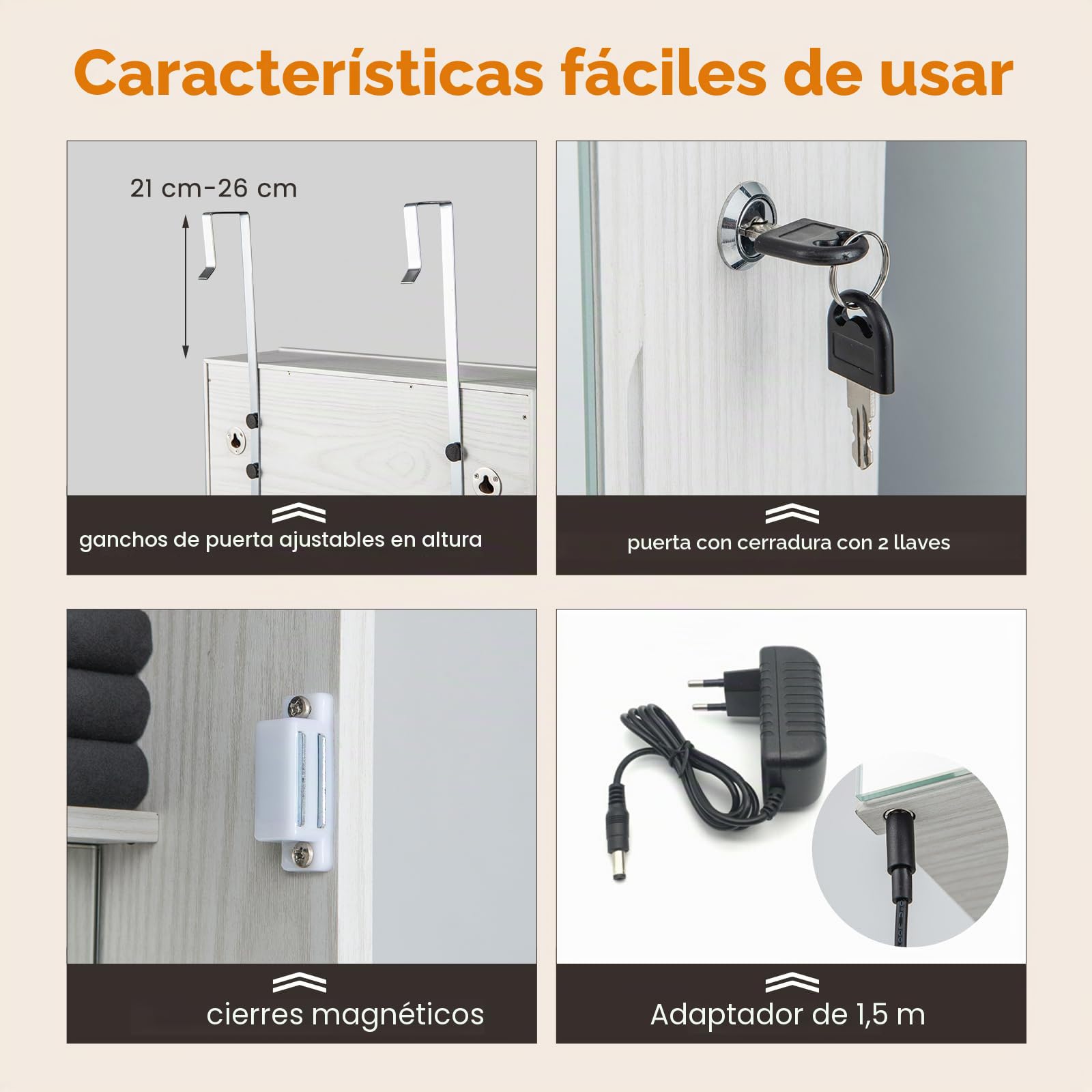 COSTWAY Armario Colgante para Joyas con Espejo, Cerradura y Luz LED Tres Colores, Blanco