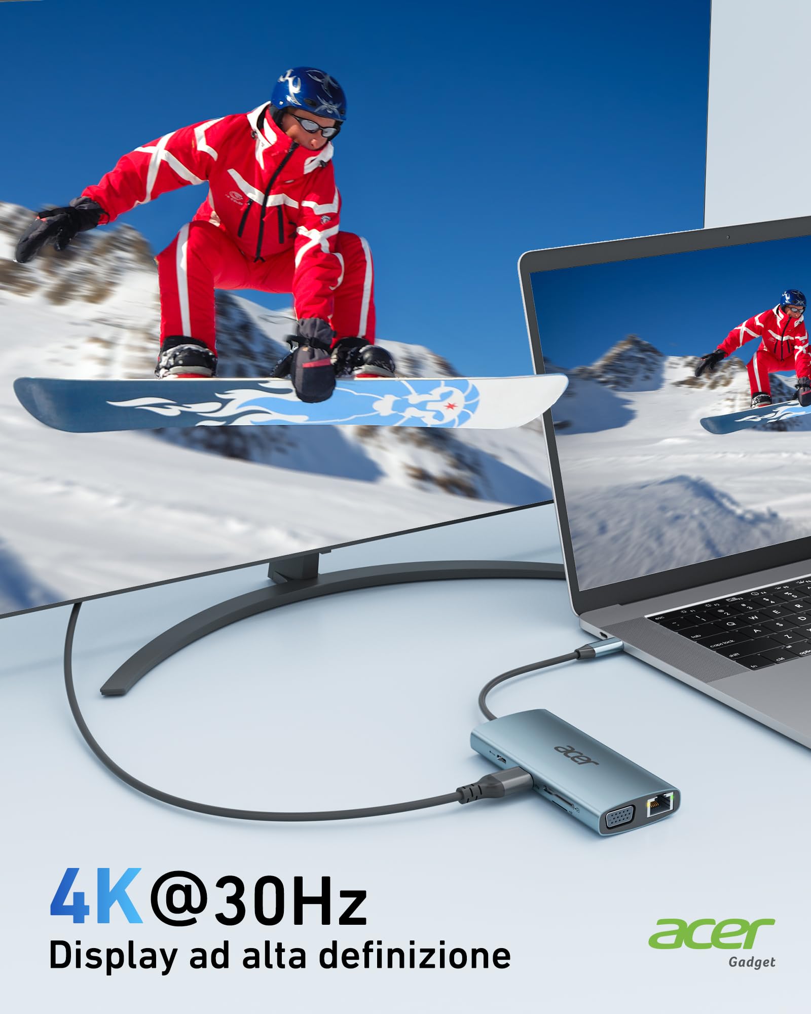 Acer HUB USB C, Adattatore USB C con HDMI 4K a VGA, Ethernet Gigabit, 100W PD, Lettore di Schede SD/TF, 3 USB, Docking Station USB C per MacBook, Laptop, PC