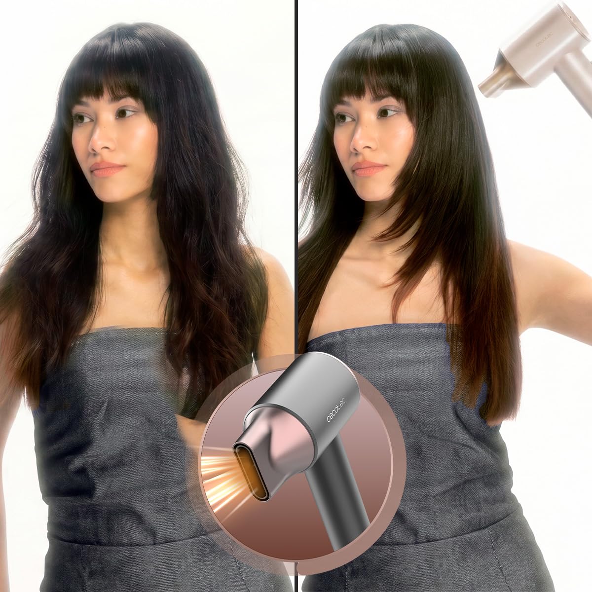 Cecotec Sèche-Cheveux à Ions - DryGlam 2in1 Sensor Champagne. 1400W, 110000rpm, Technologie de Capteur de Température, Moteur Brushless, 2 Vitesses et 3 Températures, Embout Concentrateur et Diffuseur