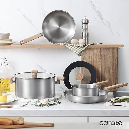 Miniatura 3 de CAROTE Juego de 8 utensilios de cocina de acero inoxidable, ollas y sartenes de acero inoxidable con tapas de vidrio templado, juegos de utensilios