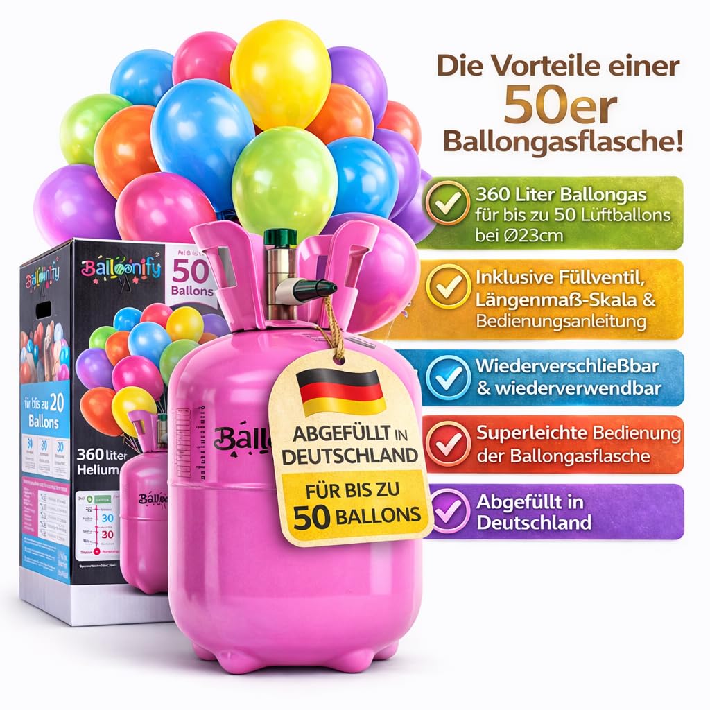 Helium Ballongas für 20/30/50 Ballons | Heliumflasche Set mit Knickventil für Luftballons + Folienballons | Geburtstag Party Hochzeit Flasche, Größe: Ballongas für 50 Ballons
