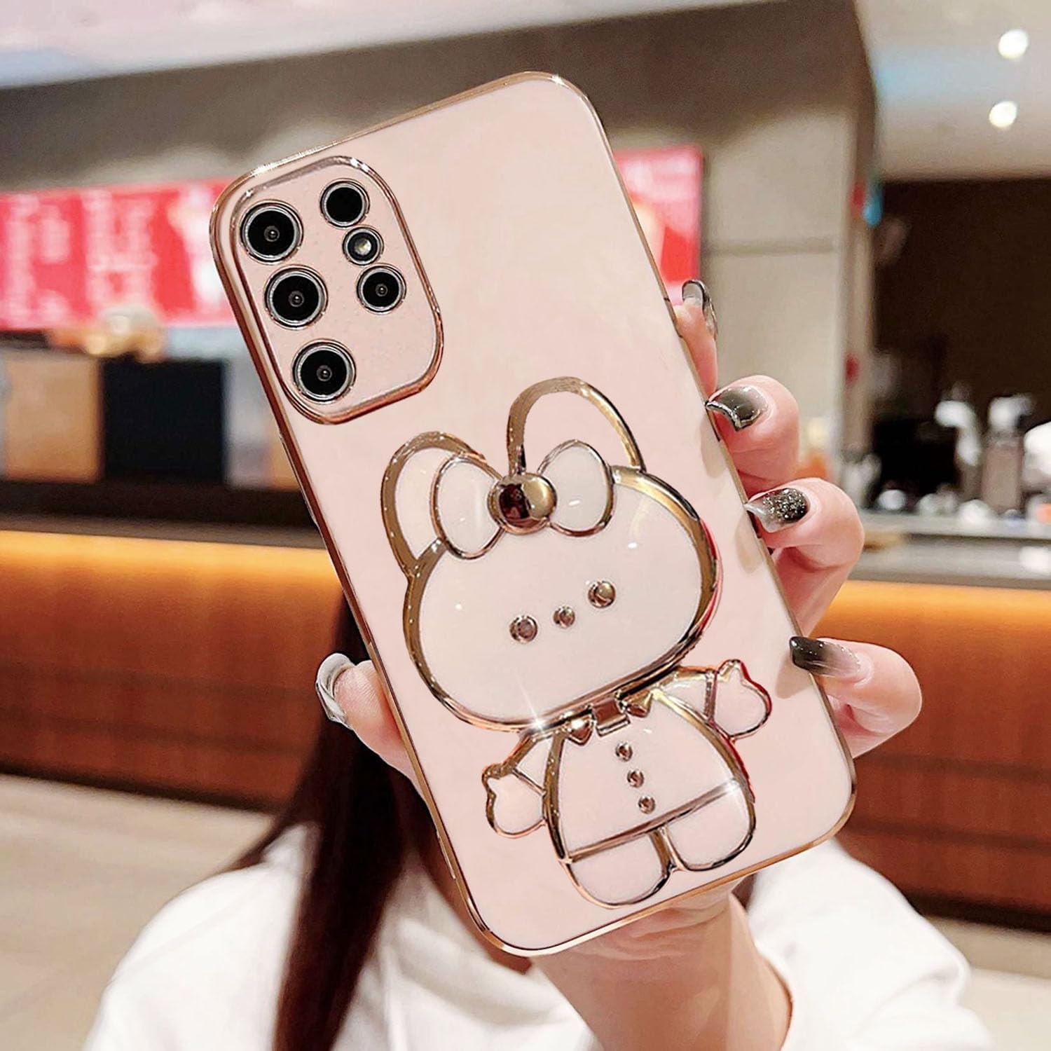 KC Back Cover for Samsung Galaxy S24 Ultra 5G, Hidden Bunny Mirror Folding Bracket Kickstand Electroplated Soft Silicone Camera Protection Case - Pink