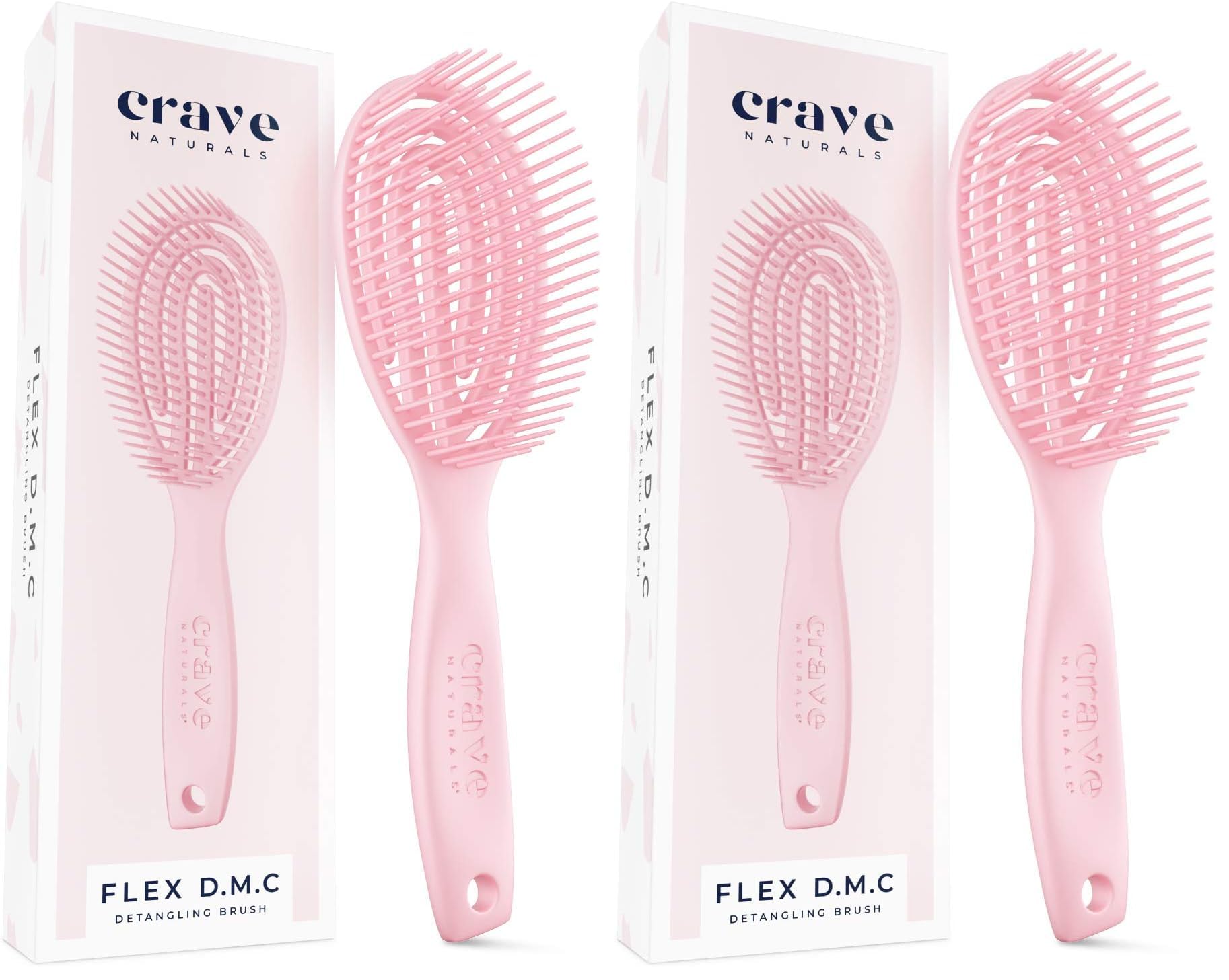 Crave Naturals FLEX DMC Detangling Brush for Natural Textured Hair - Flexible Hair Brush Detangler for Curly, Frizzy, Thick Hair - ROUND (Plastic) (Pack of 2)