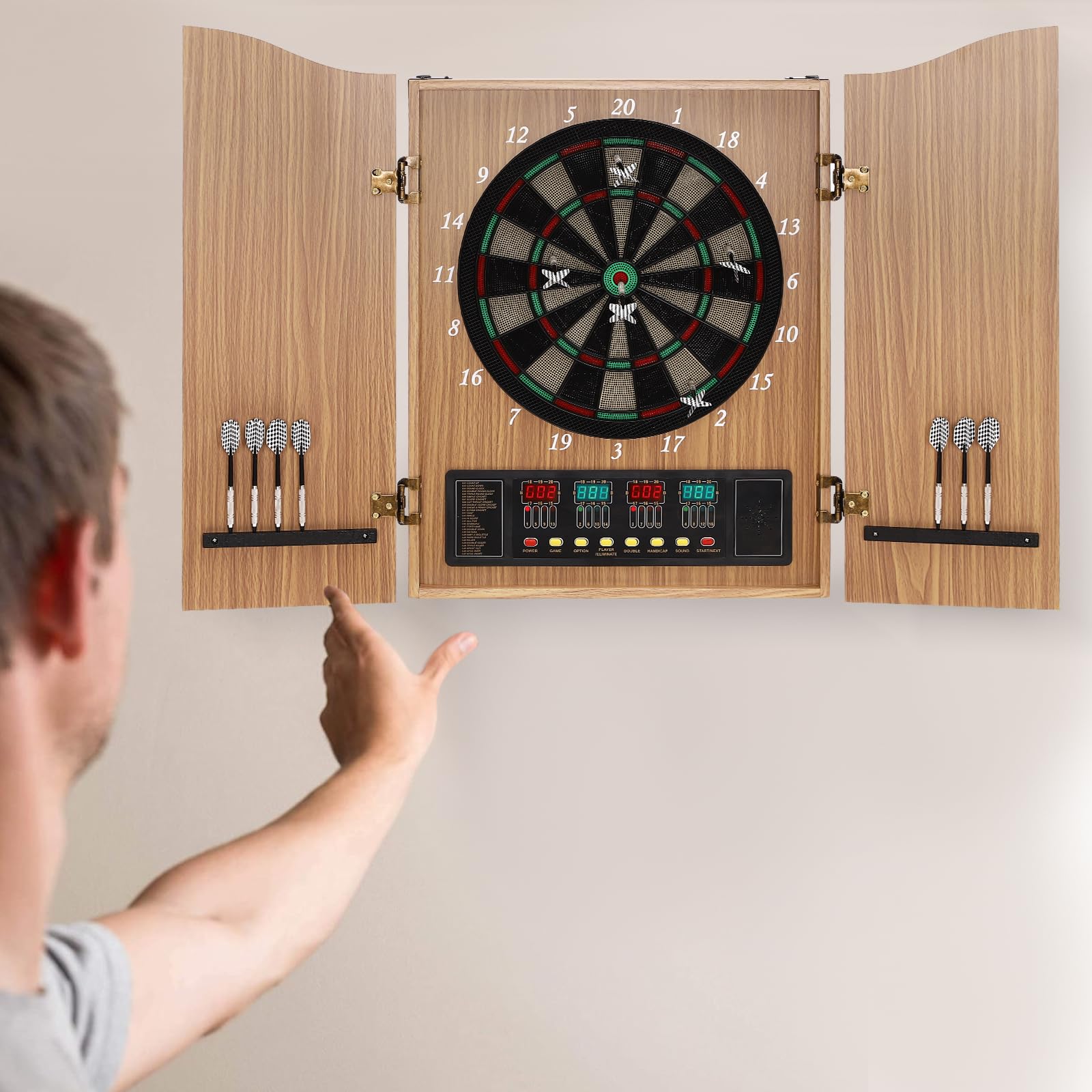 Electronic Dart Board Cabinet Set, LED Display, Digital Scoreboard with Solid Wood Cabinet, 27 Games and 243 Variations (Yellow)