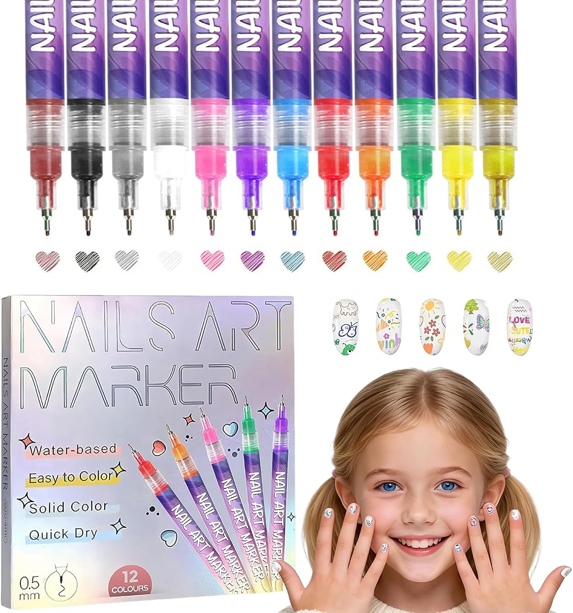 12 Colors Nail Art Pens Set Quick-Dry Nail Polish Pens for Kids and Women | Safe and Odorless, Waterproof, Even Ink Flow, Ultra-Fine Tip, Rich Color Selection, Creative Diy Nail Designs